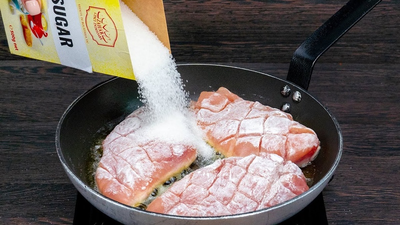 I will never cook chicken breast without sugar again. This recipe, on the pan, is