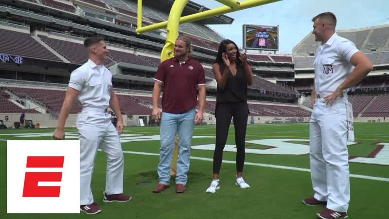 Texas AM fullback Cullen Gillaspia lets Maria Taylor in on the Aggies traditions,