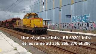 Spot en bretagne#265, Une rgaleuse infra, BB 69201 infra et les rame atl 356, 366, 370 et 386