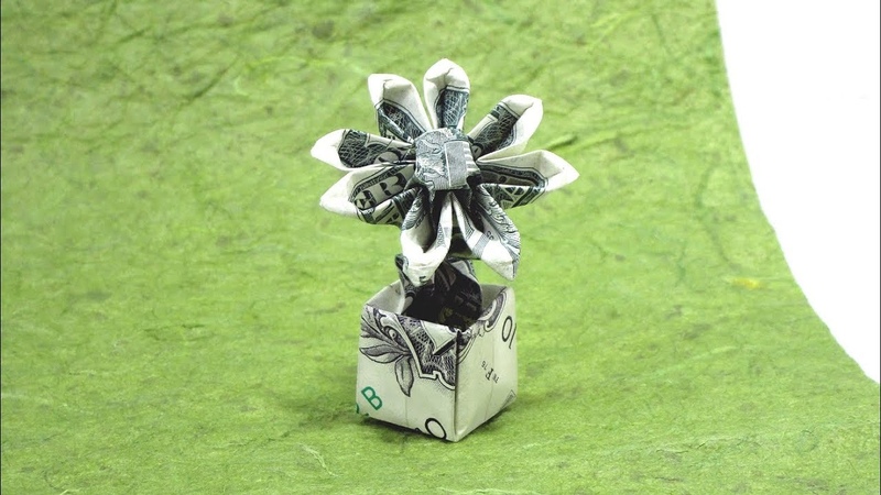 ORIGAMI DOLLAR BILL FLOWER IN A POT TUTORIAL ( Herman Lau) 折り紙 ポットの花 Flor BILLETE 1