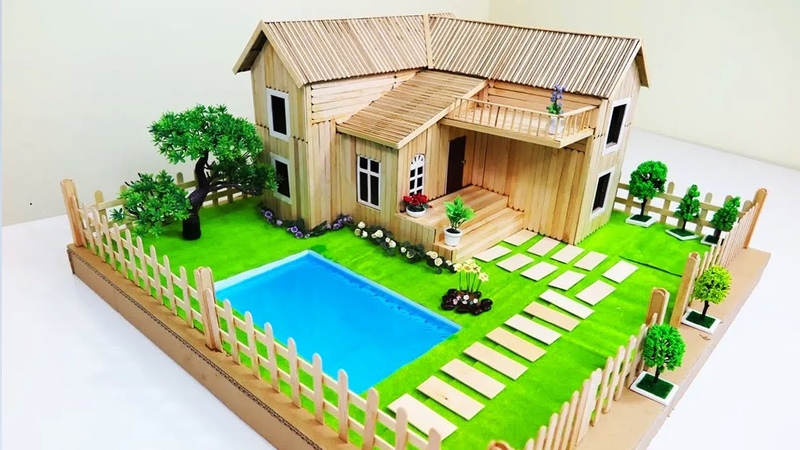 Cómo hacer una casa de palitos de helado con un hermoso jardín de hadas y una piscina casa