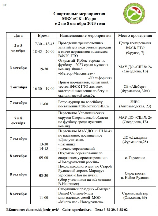Календарь спортивных мероприятий СК "Кедр" с 06 по 12 декабря 2021 г. - Комитет
