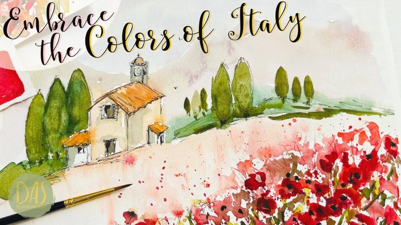 Loose Watercolor Poppy Field in Tuscany, Easy Italian Landscape Tutorial for Beginners Step by