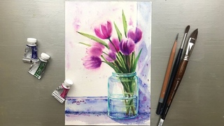 Watercolor Painting - Purple Tulips