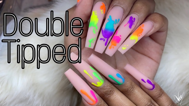 How to: Extra Long Square Nails, Easy Neon Paint Splatter Nail Art,
